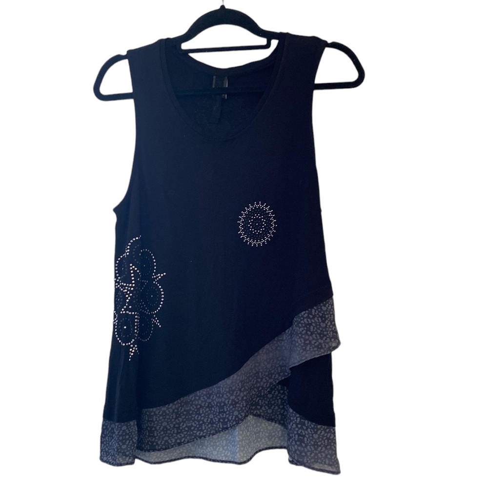 Desigual Embellished Layered Silver/Green Tank Top Sz XL Sleeveless Shirt Black
